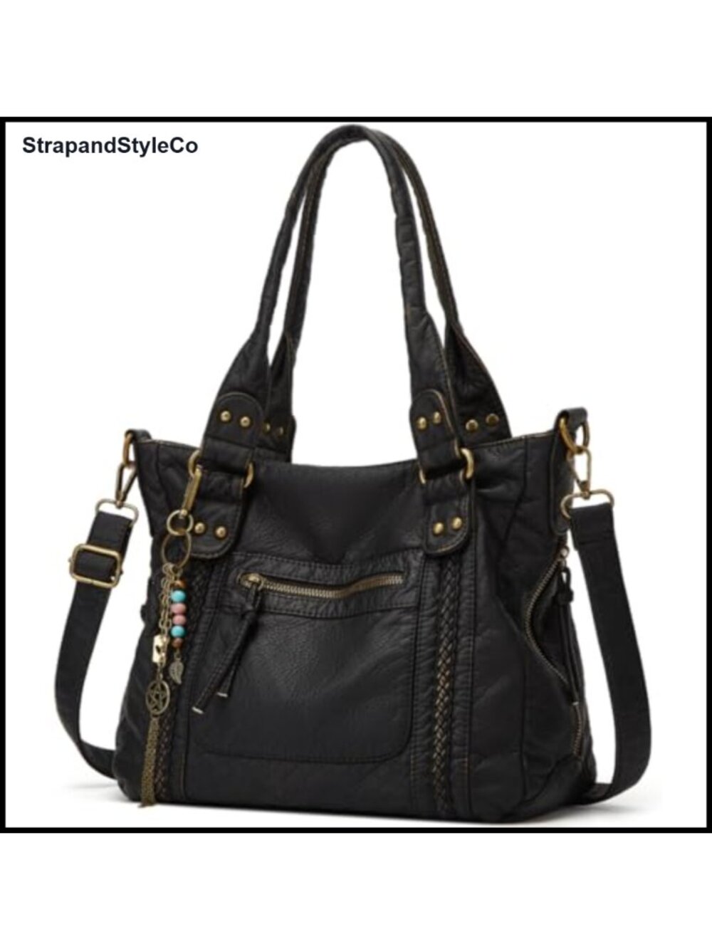 Vegan Leather Washed Crossbody Hobo Tote Handbag